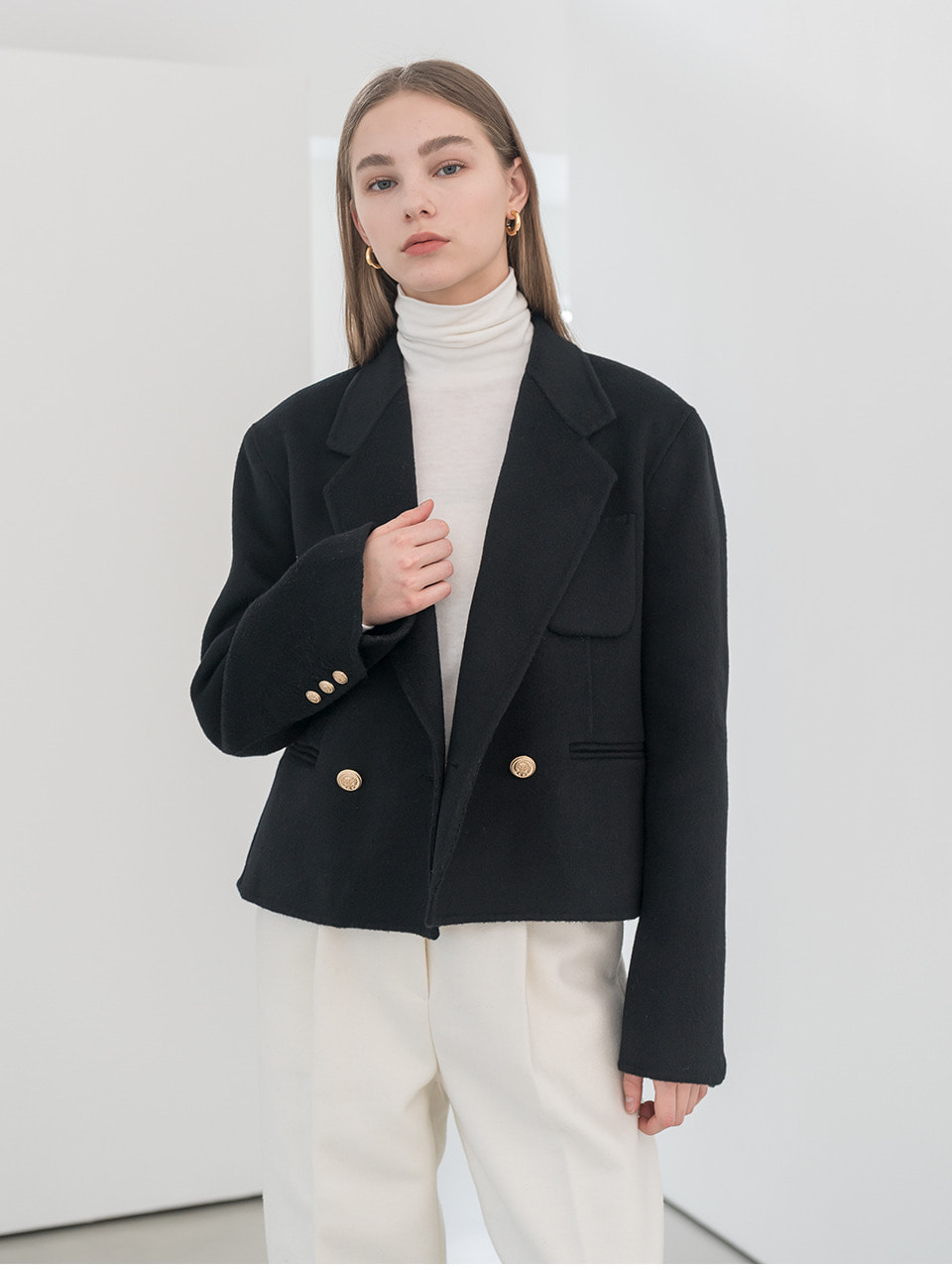 Premium handmade wool crop double jacket in black