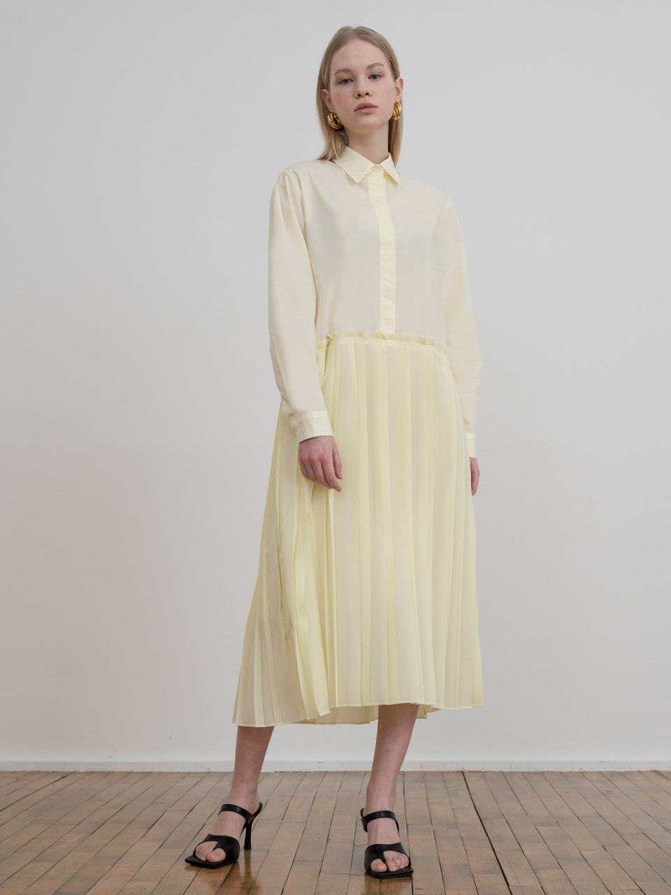 [Last 1장]Pleated shirt long dress in lemon