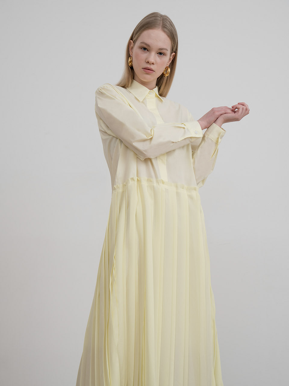 [Last 1장]Pleated shirt long dress in lemon