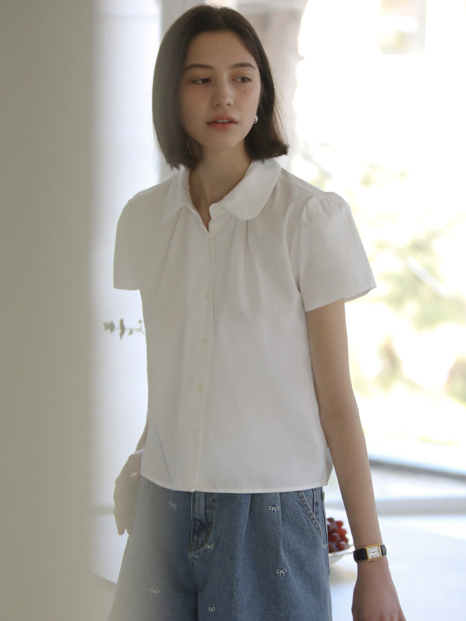 [예약배송]Lace collar short sleeve shirring blouse_Ivory
