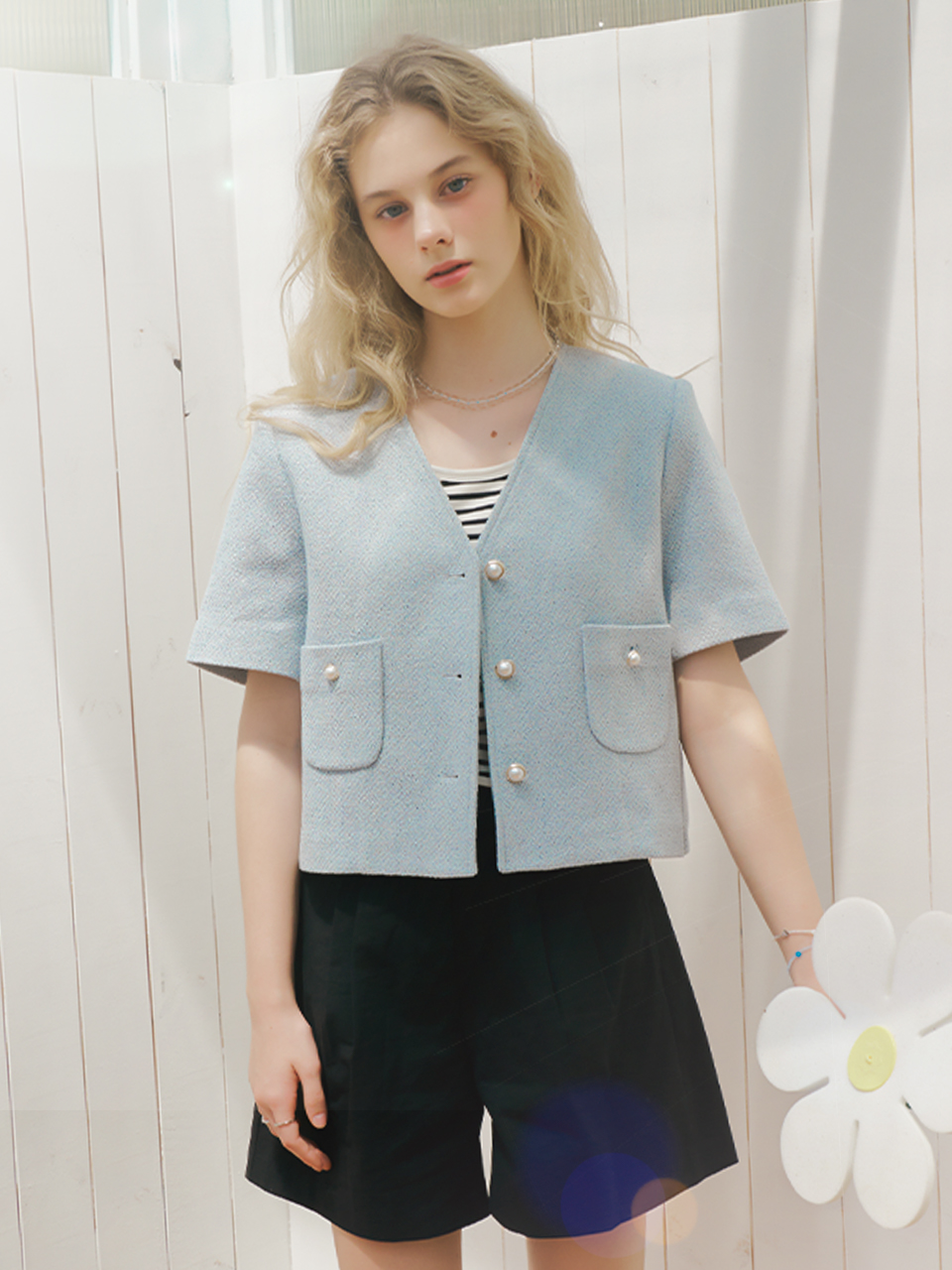 [W컨셉단독]Collarless pearl button summer tweed jacket_Sky blue