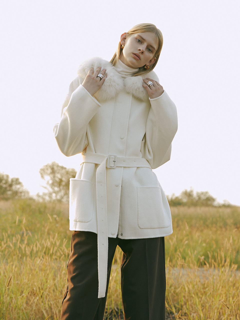 [LAST 1장]Premium handmade wool real fox fur hoodie short coat in white