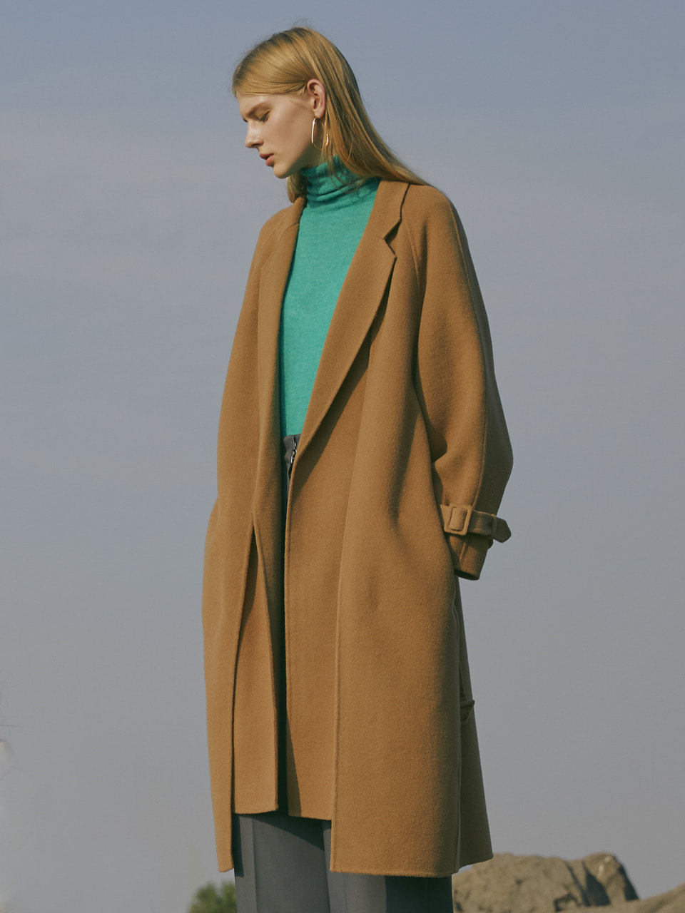 [LAST 1장]Premium handmade cashmere blend wool double layer belted coat in camel