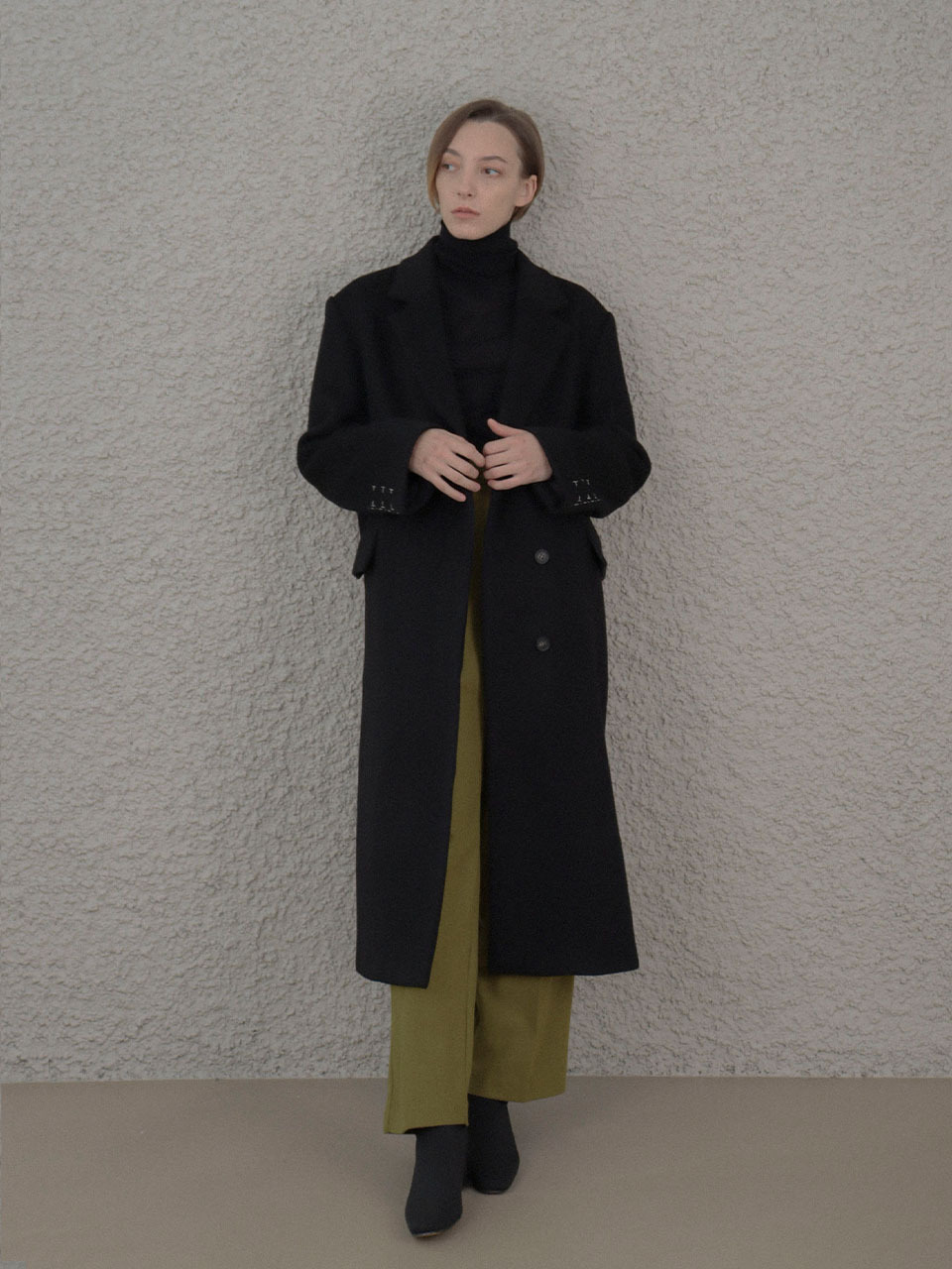 Wool Collar Sleeve Point Long Coat_Black