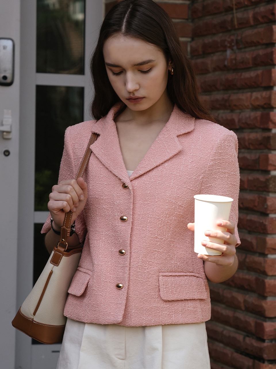 Oval gold button summer tweed jacket_Pink