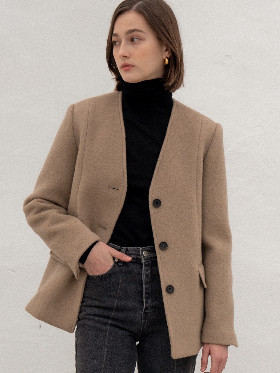 [장도연착용]Collarless single wool jacket [2color]