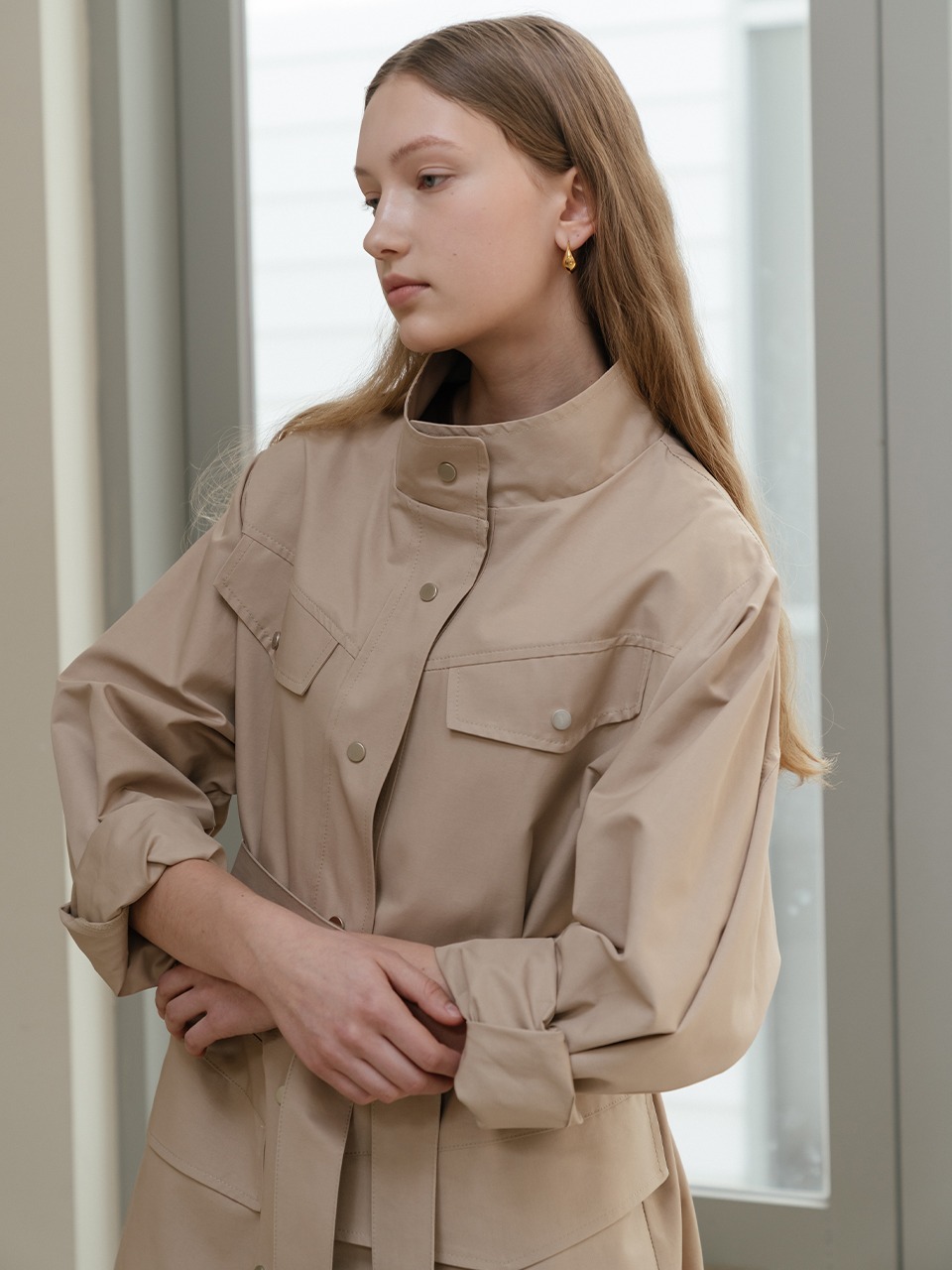 Belted stand collar trench coat in Beige