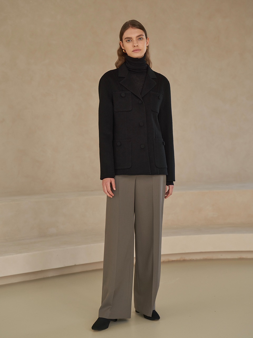 [LAST 1장]Premium handmade wool stitched collar short coat in black