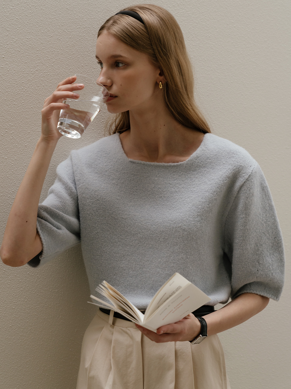 Wool square neck knit top_Skyblue