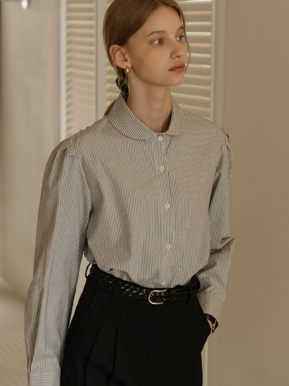 [예약배송]Round collar neck stripe shirt_Navy