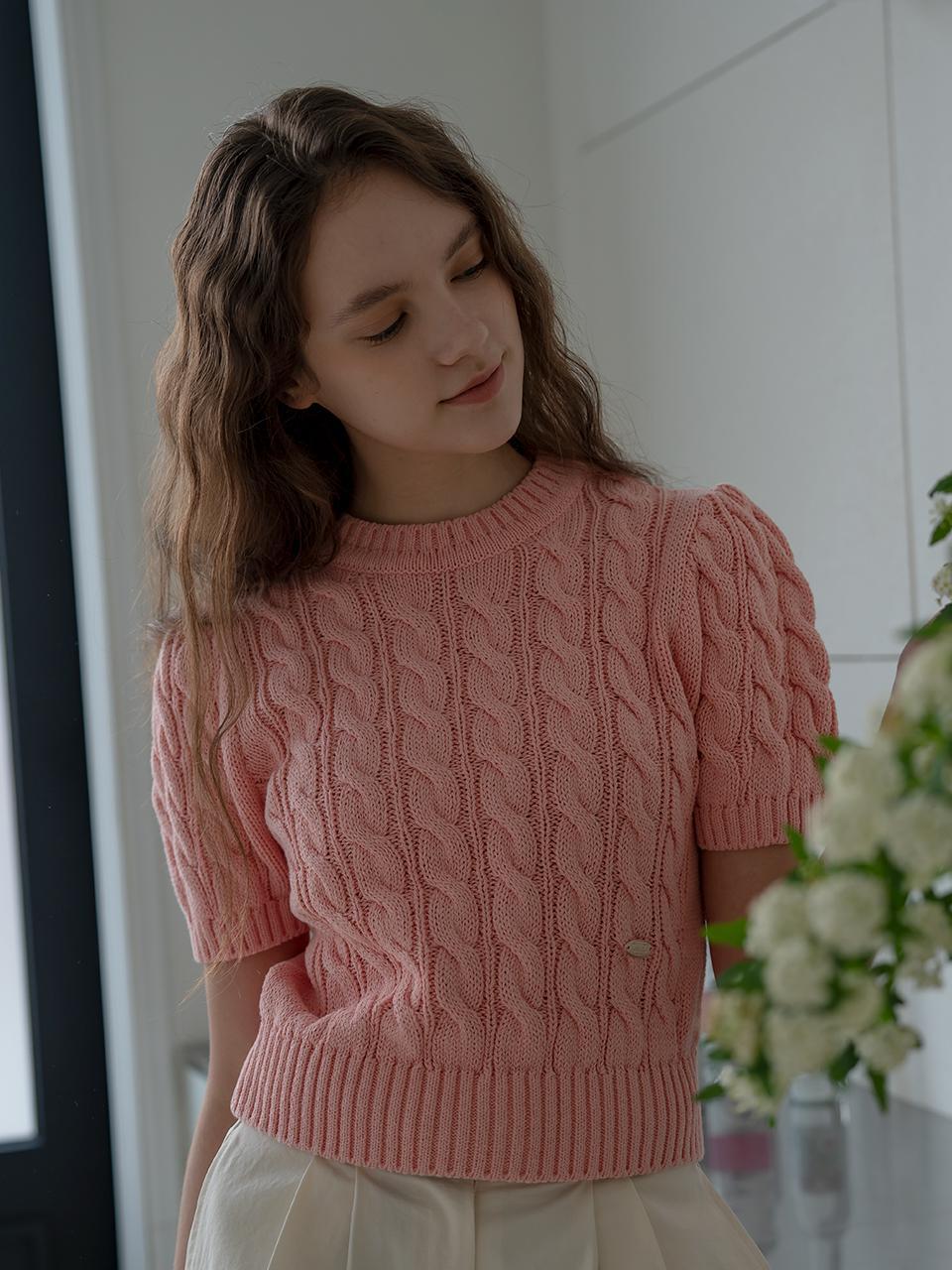Cable half sleeve knit_Coral