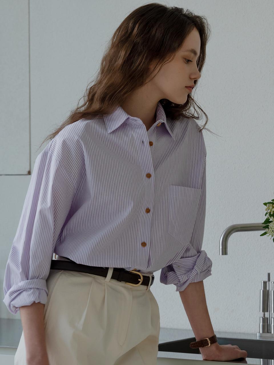 Button point stripe shirt_Purple