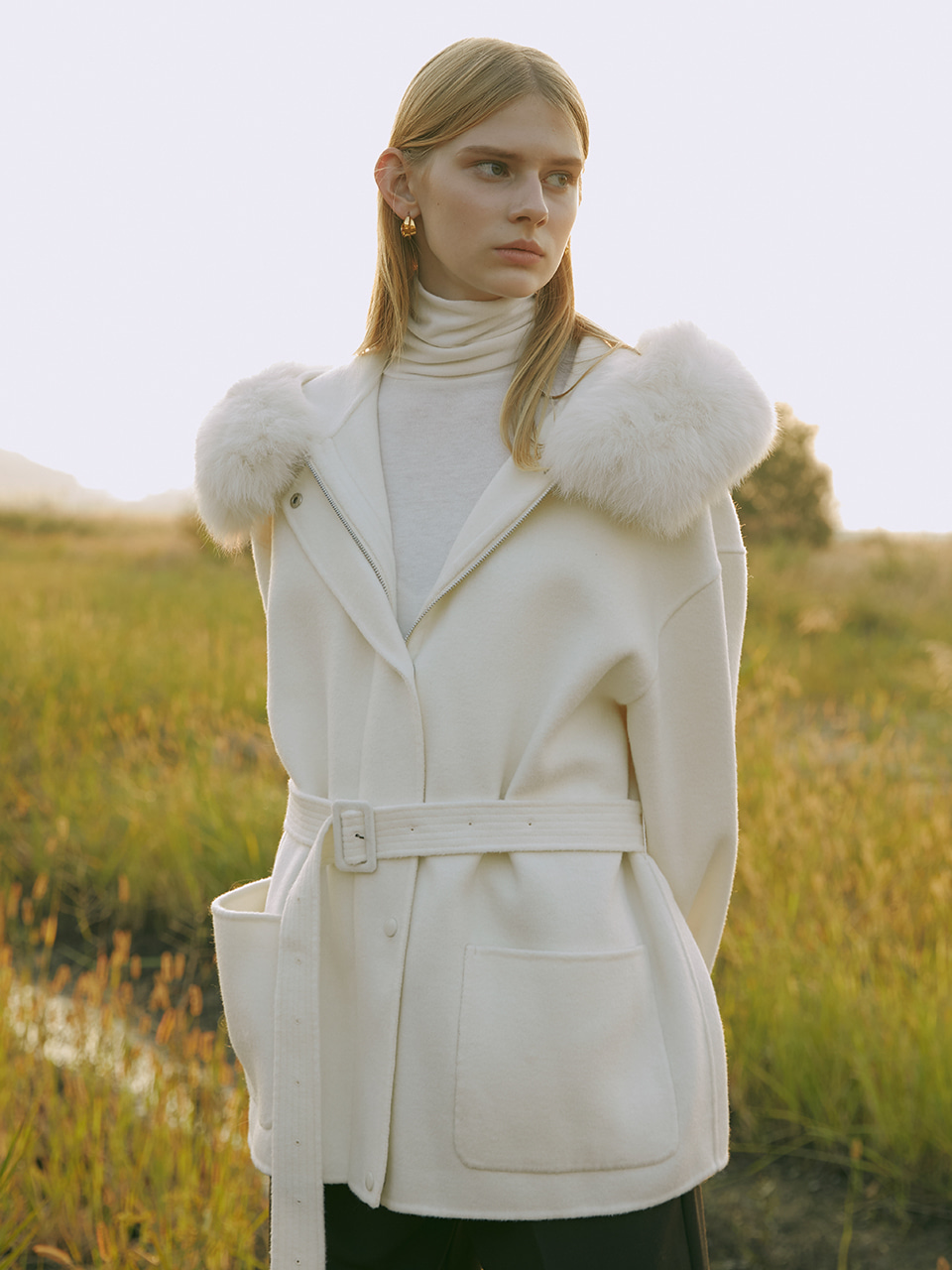[Last 1장]Premium handmade wool real fox fur hoodie short coat in white
