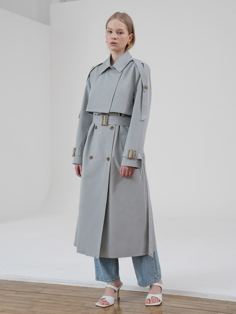 [Last 1장]Cape belted trench coat in skyblue