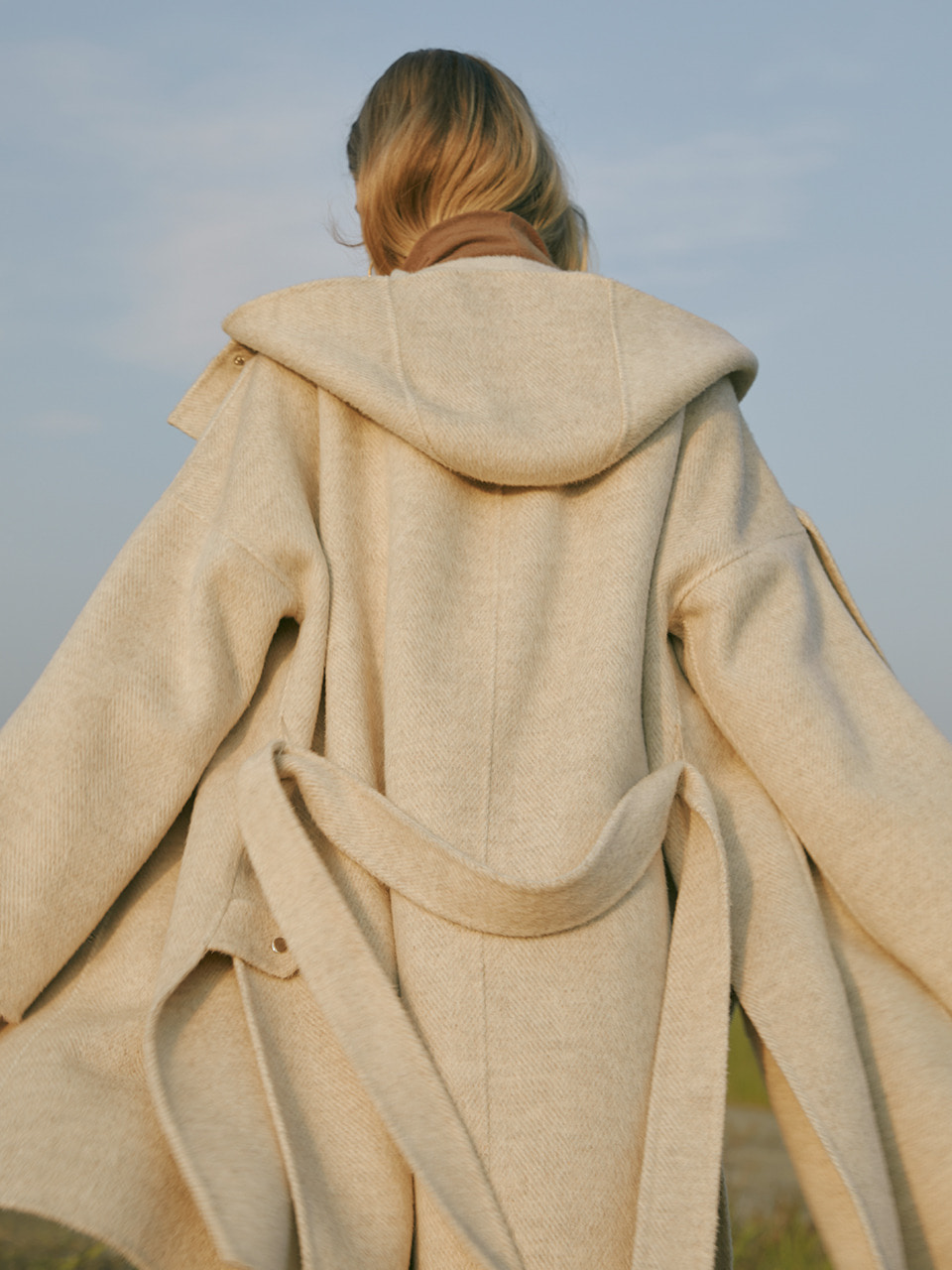 Premium handmade alpaca blend wool herringbone hoodie coat in otmeal