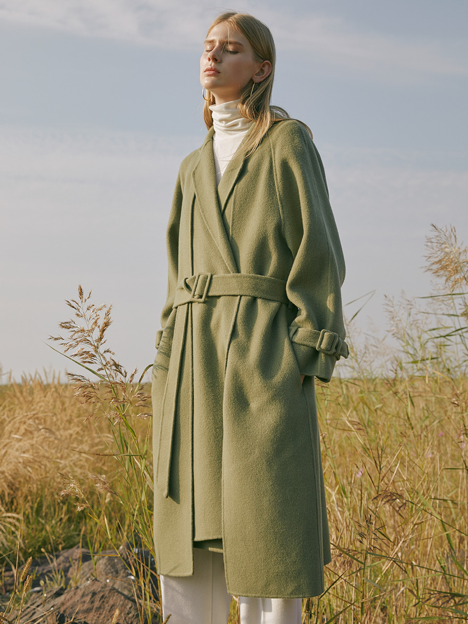 [Last 1장]Premium handmade wool double layer belted coat in olive green