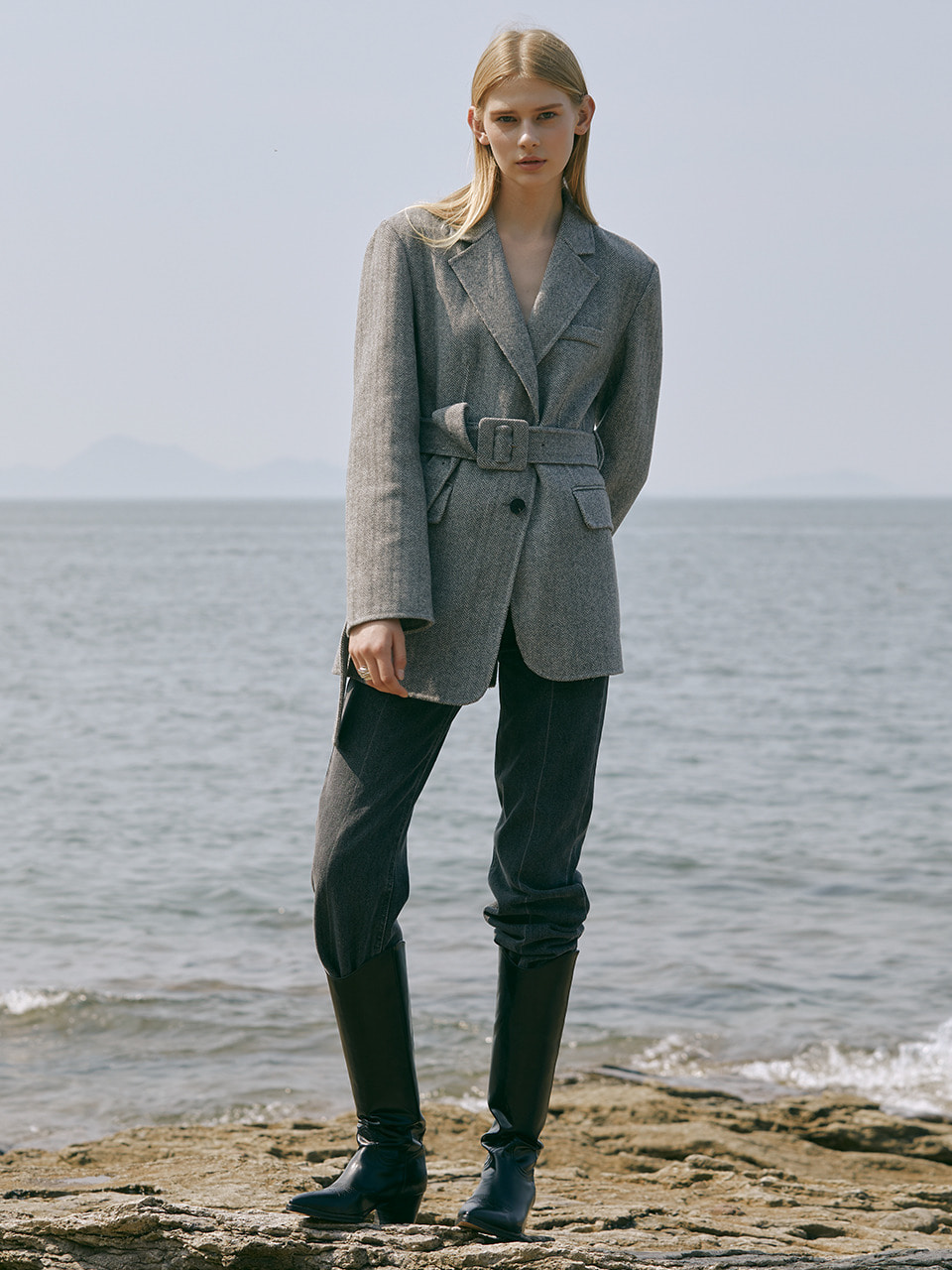 [Last 2장]Premium handmade wool asymmetrical belted jacket in herringbone gray
