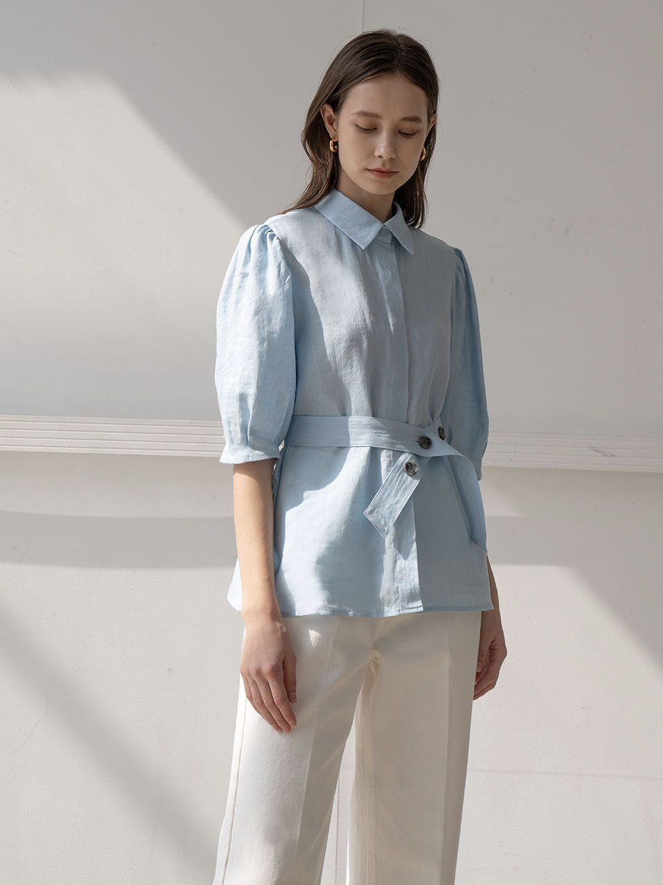 [Last 3장]Belted puff blouse in sky blue
