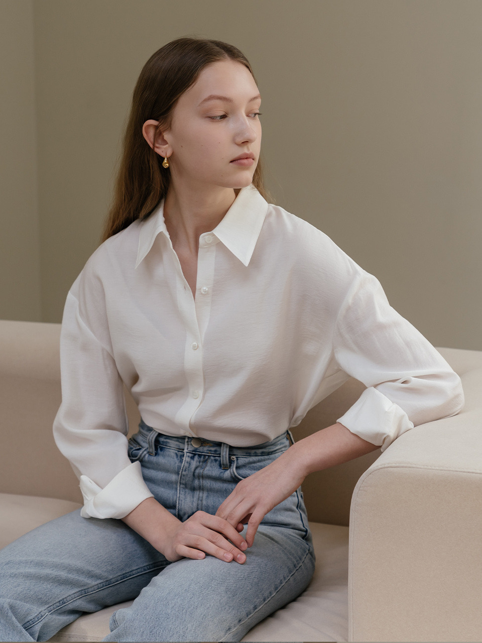 Modal wide collar shirt in Ivory