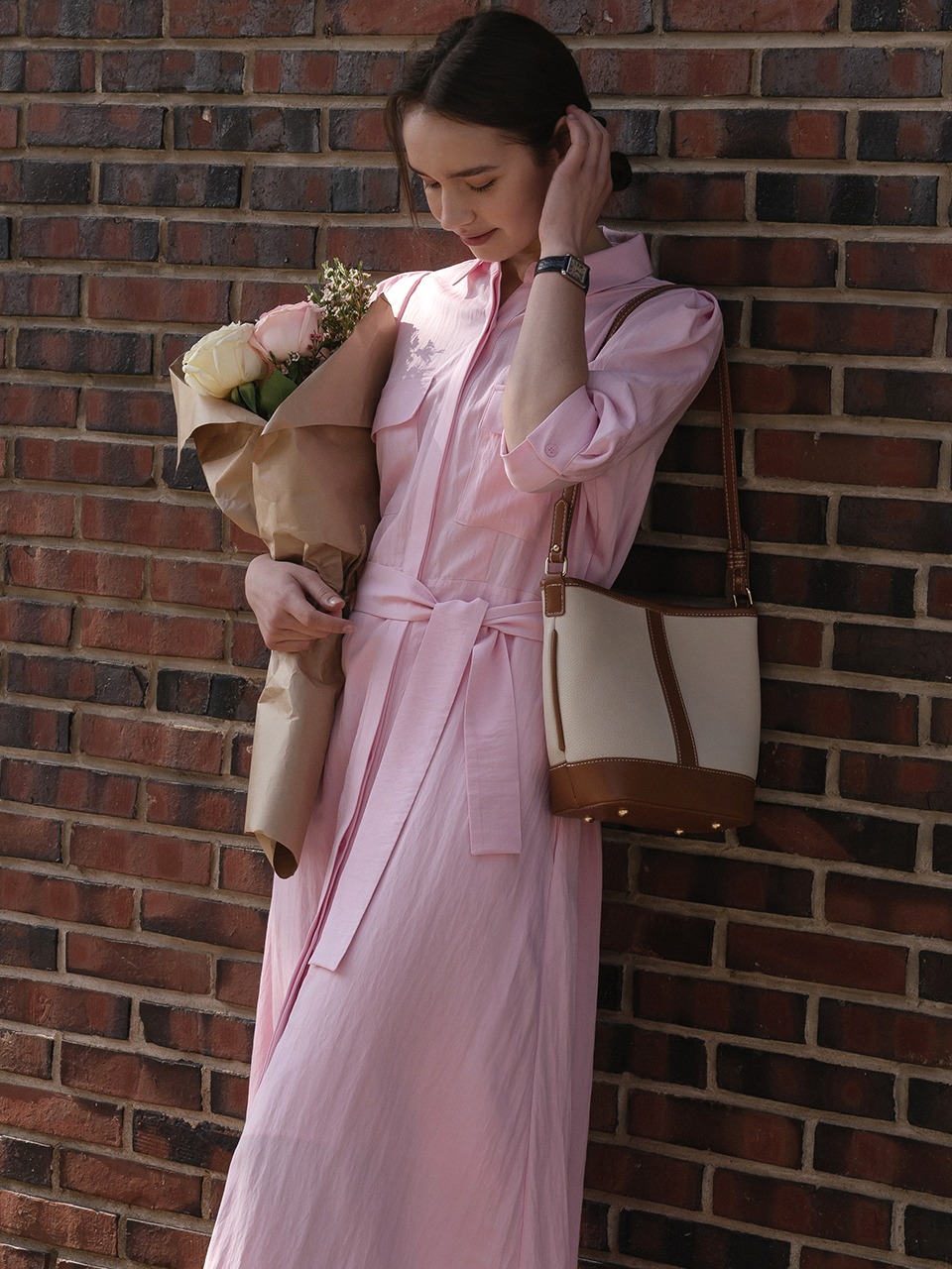 [5/23 예약배송]Pocket pointed belt dress in baby pink