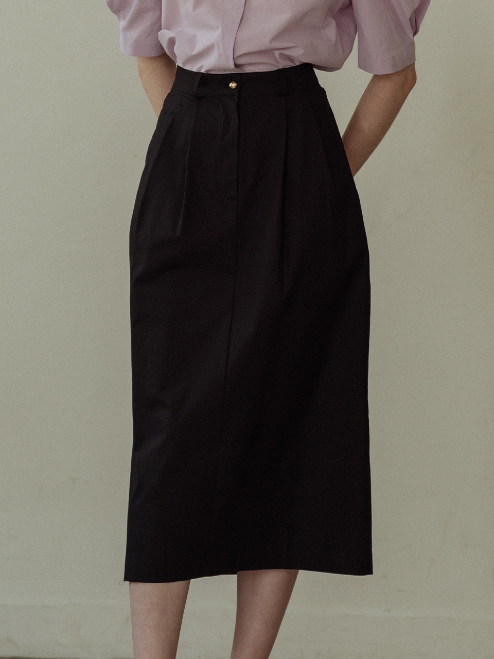 [M-7/21예약배송]Gold button cotton long belt skirt_Black