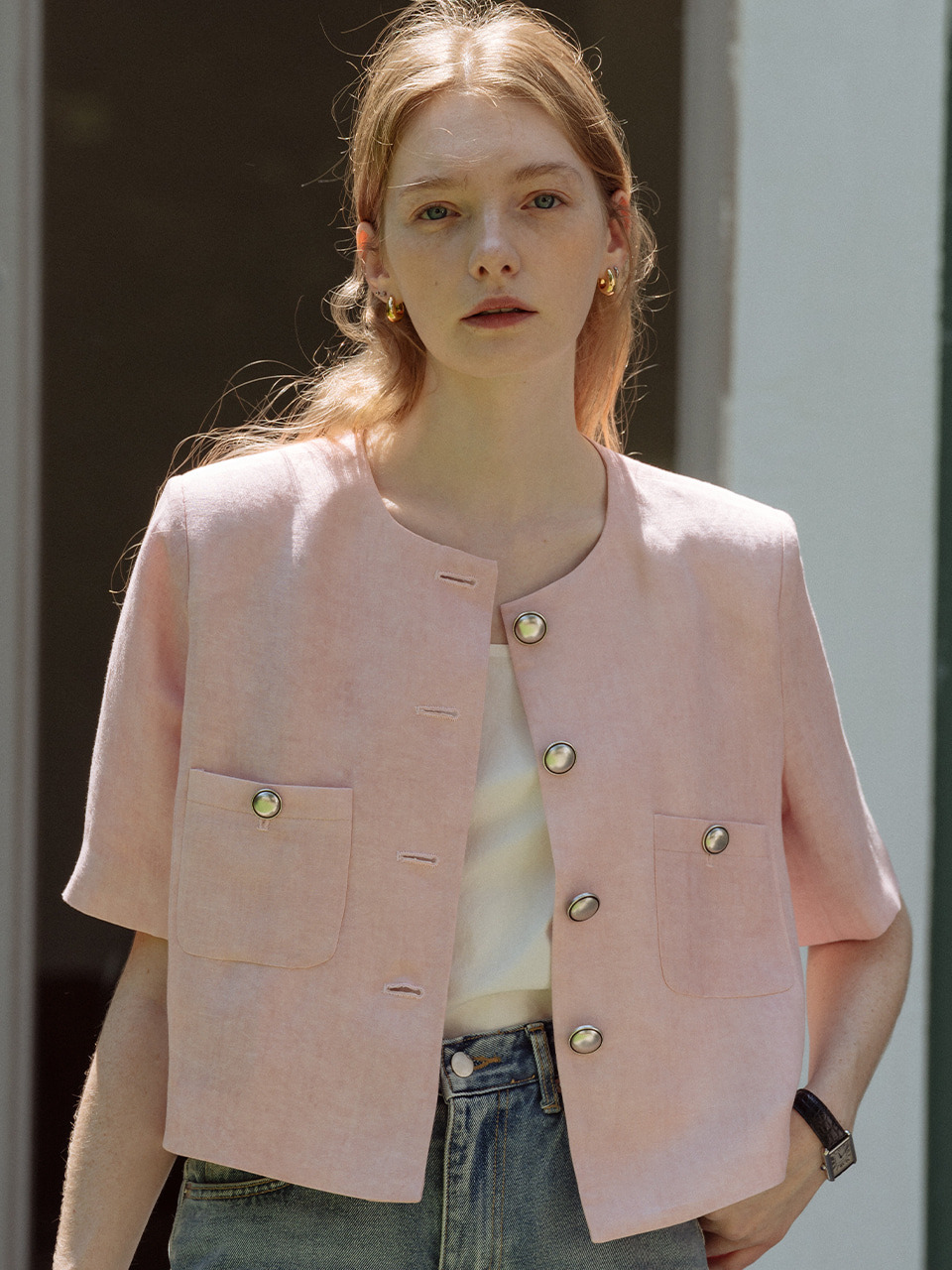 No-collar linen jacket_Pink