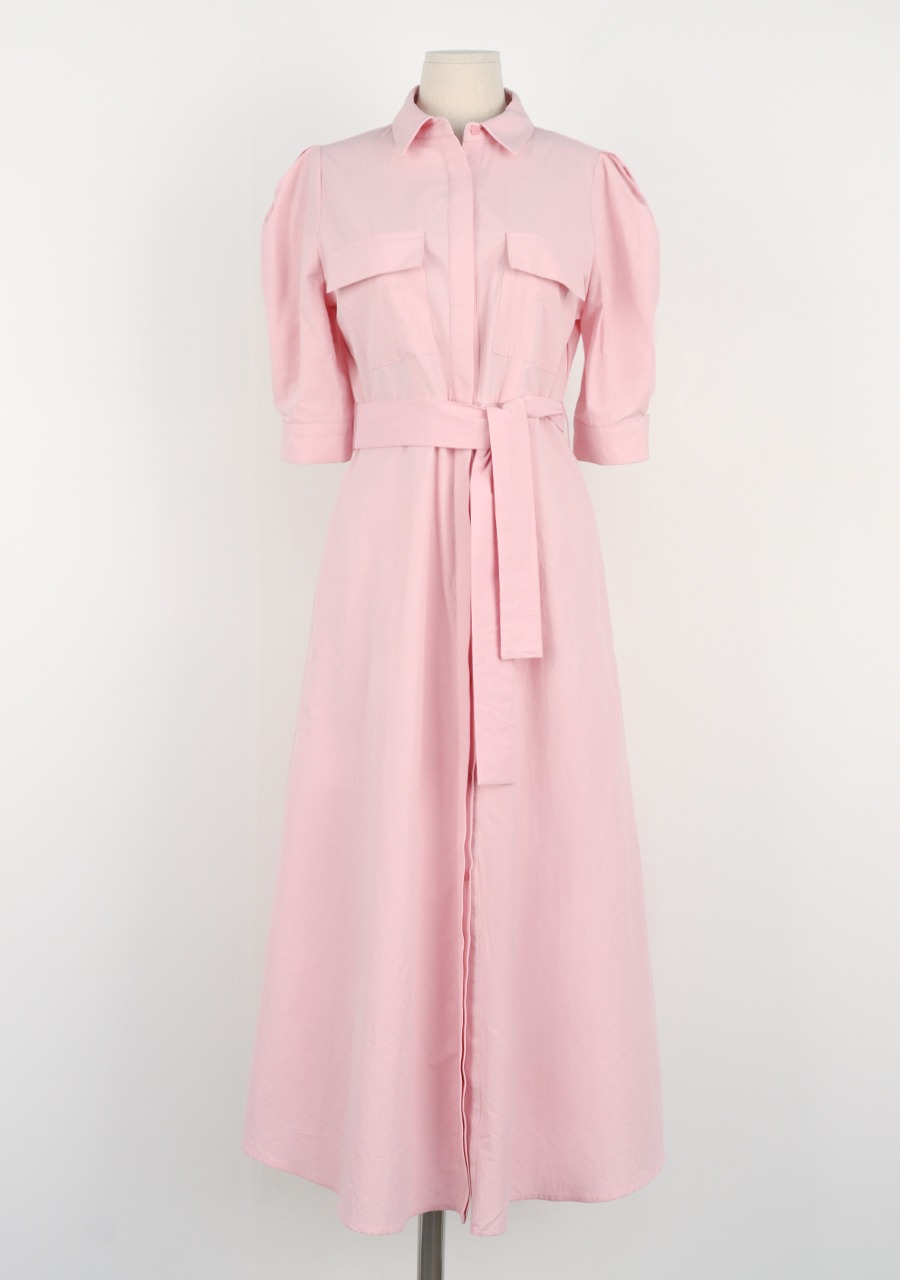 [리퍼브세일]Pocket pointed belt dress in baby pink