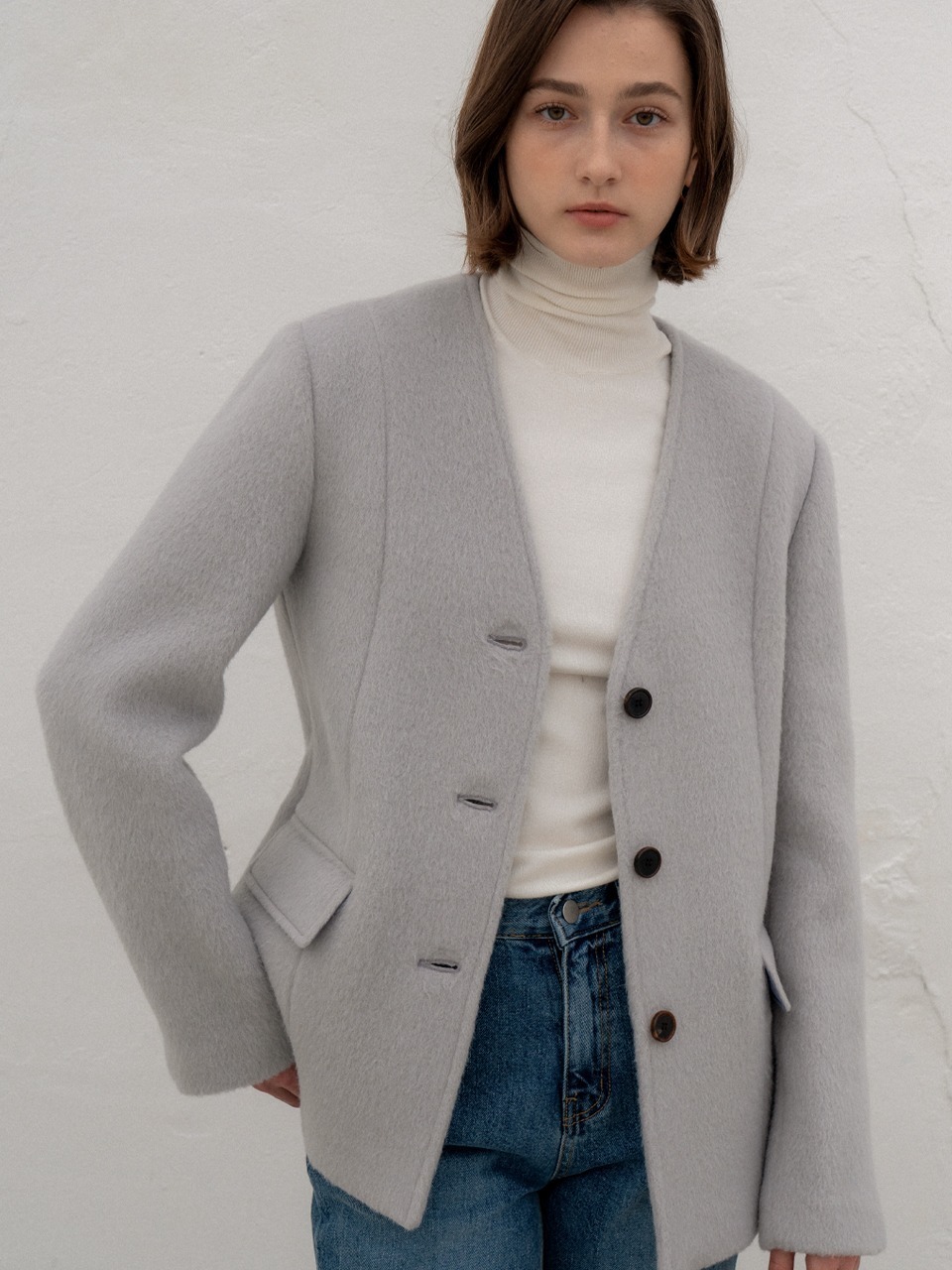 [LAST1, 장도연착용]Collarless single wool jacket [2color]