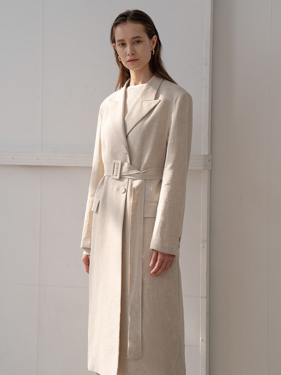 [LAST 3장]Double belted long jacket in natural beige