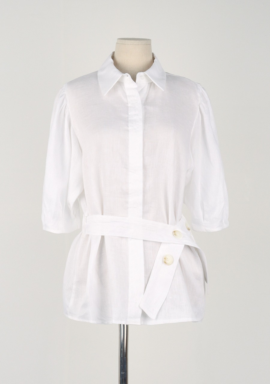 [샘플세일]Belted puff blouse in White