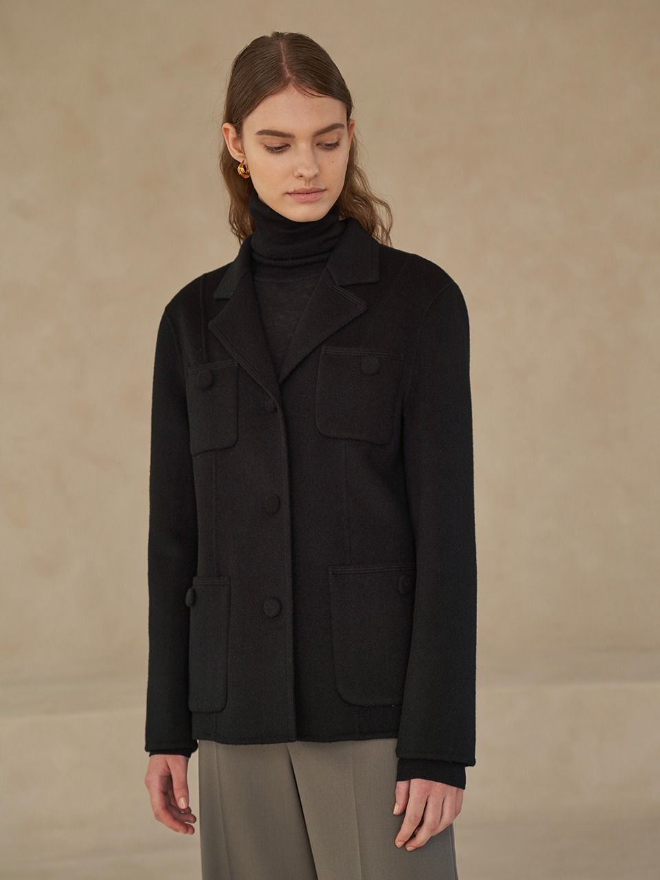 [LAST 1장]Premium handmade wool stitched collar short coat in black