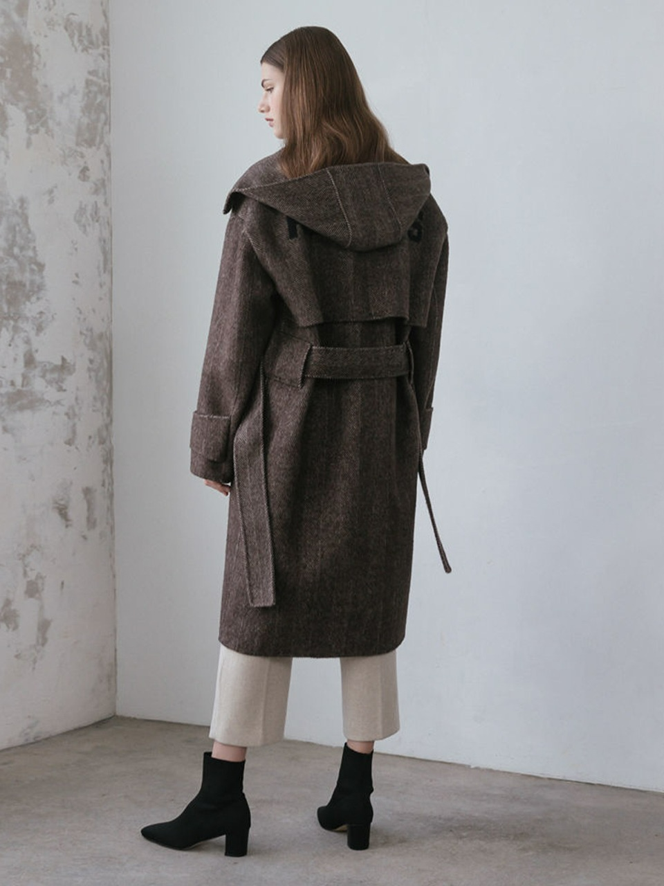 [샘플세일]Premium handmade alpaca hood long coat _HERRINGBONE BROWN