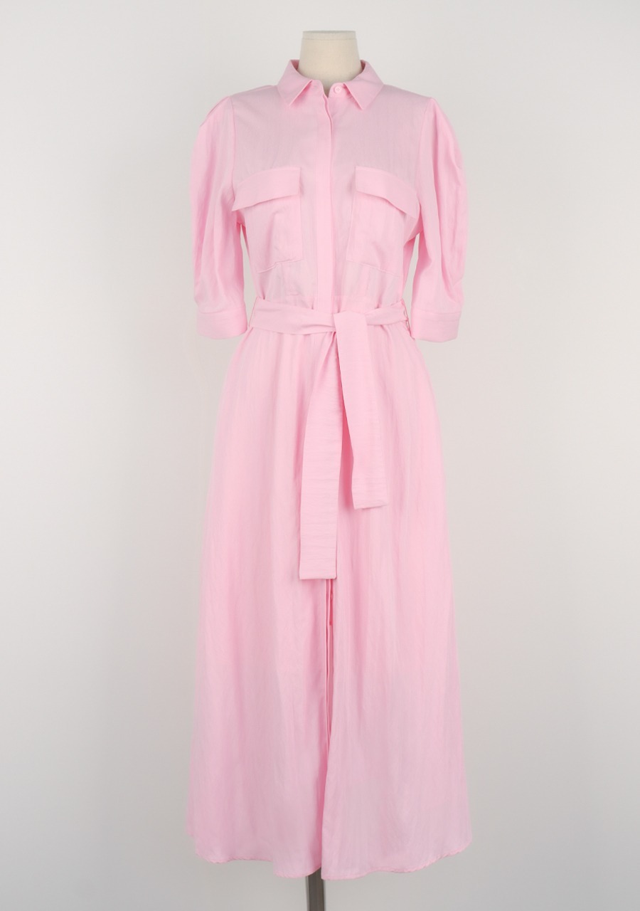 [샘플세일]Pocket pointed belt dress in baby pink