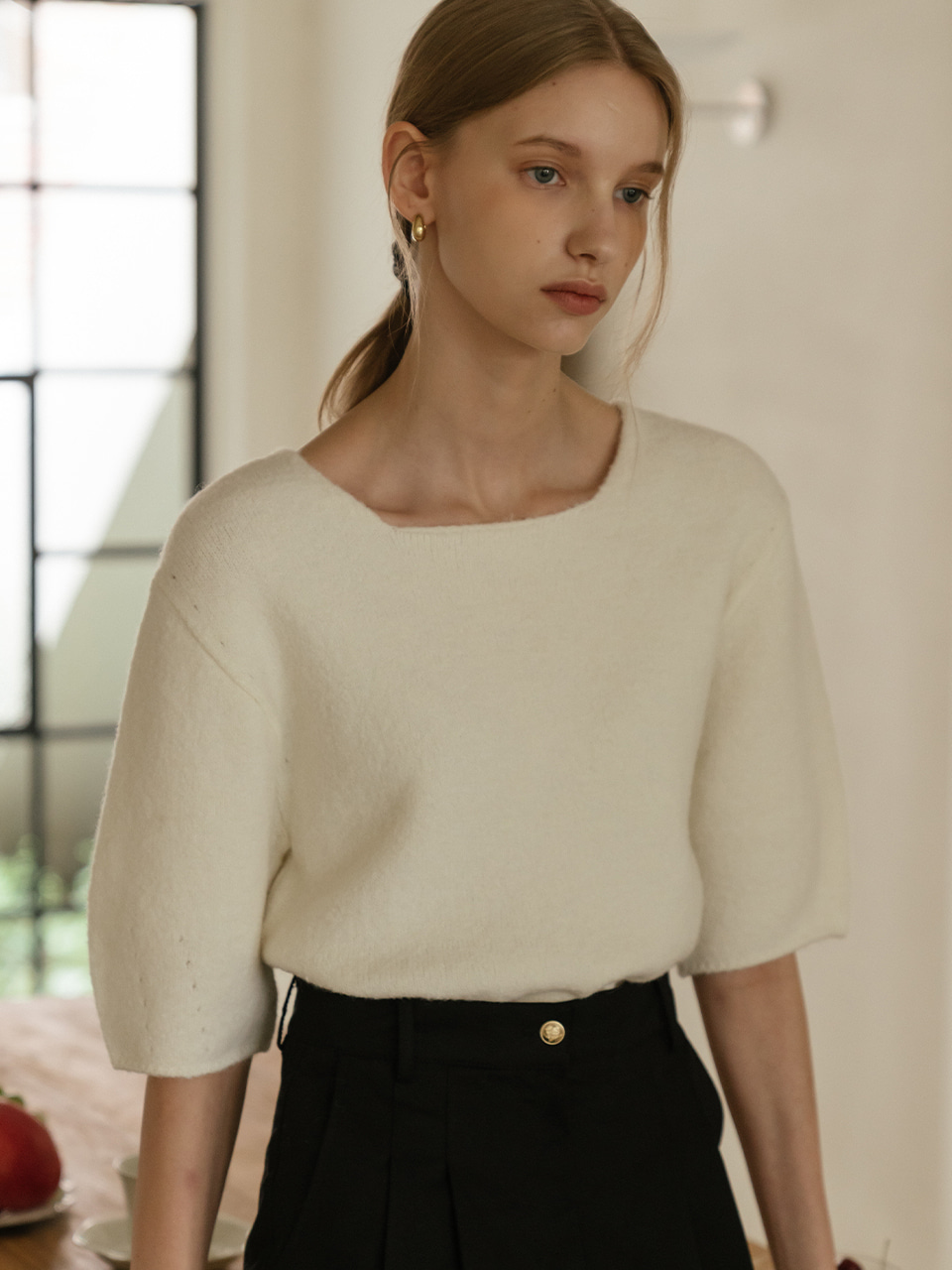 Wool square neck knit top_Ivory