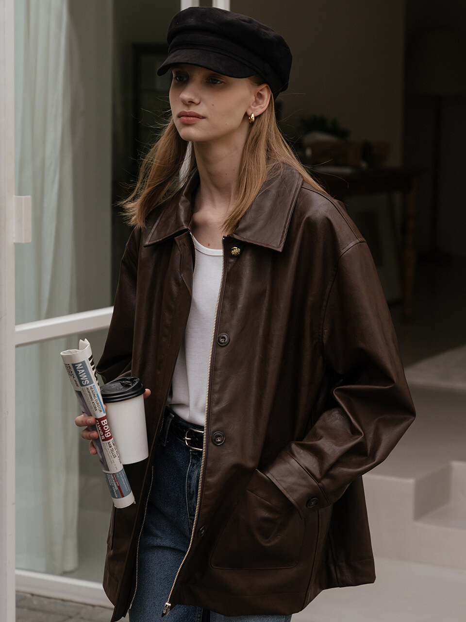 Eco leather pocket jacket_Brown
