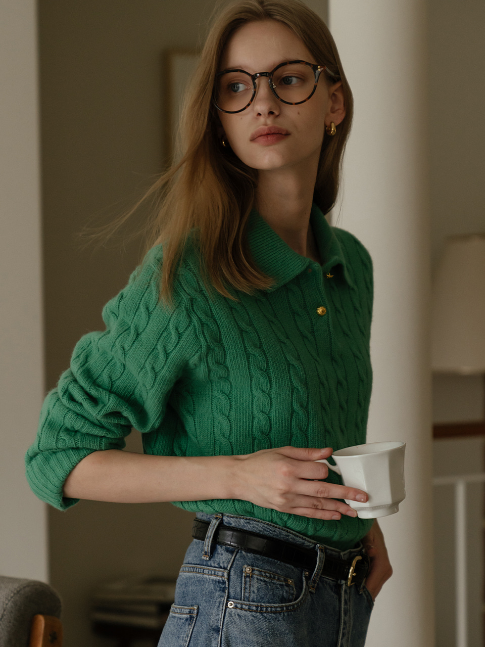 Cable collar neck knit top_Green