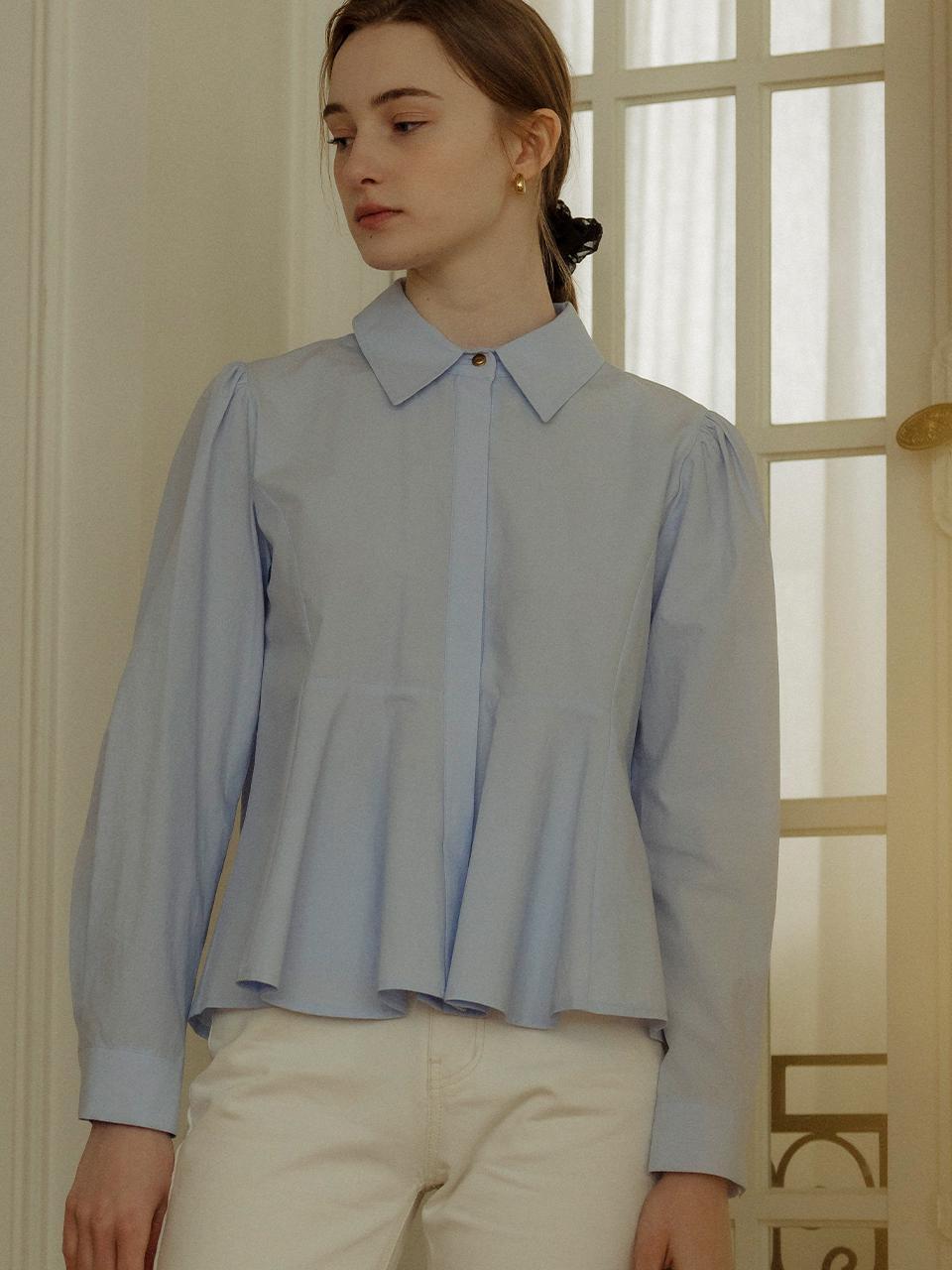Gold button point flare blouse_Skyblue