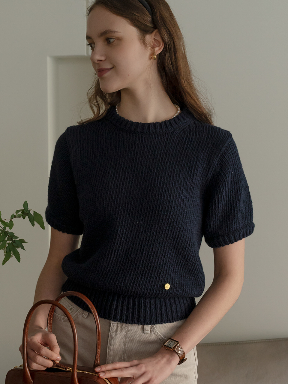 Round neck cotton knit_Navy