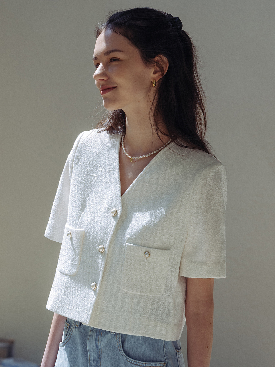 [M size 예약배송]Collarless pearl button summer tweed jacket_White