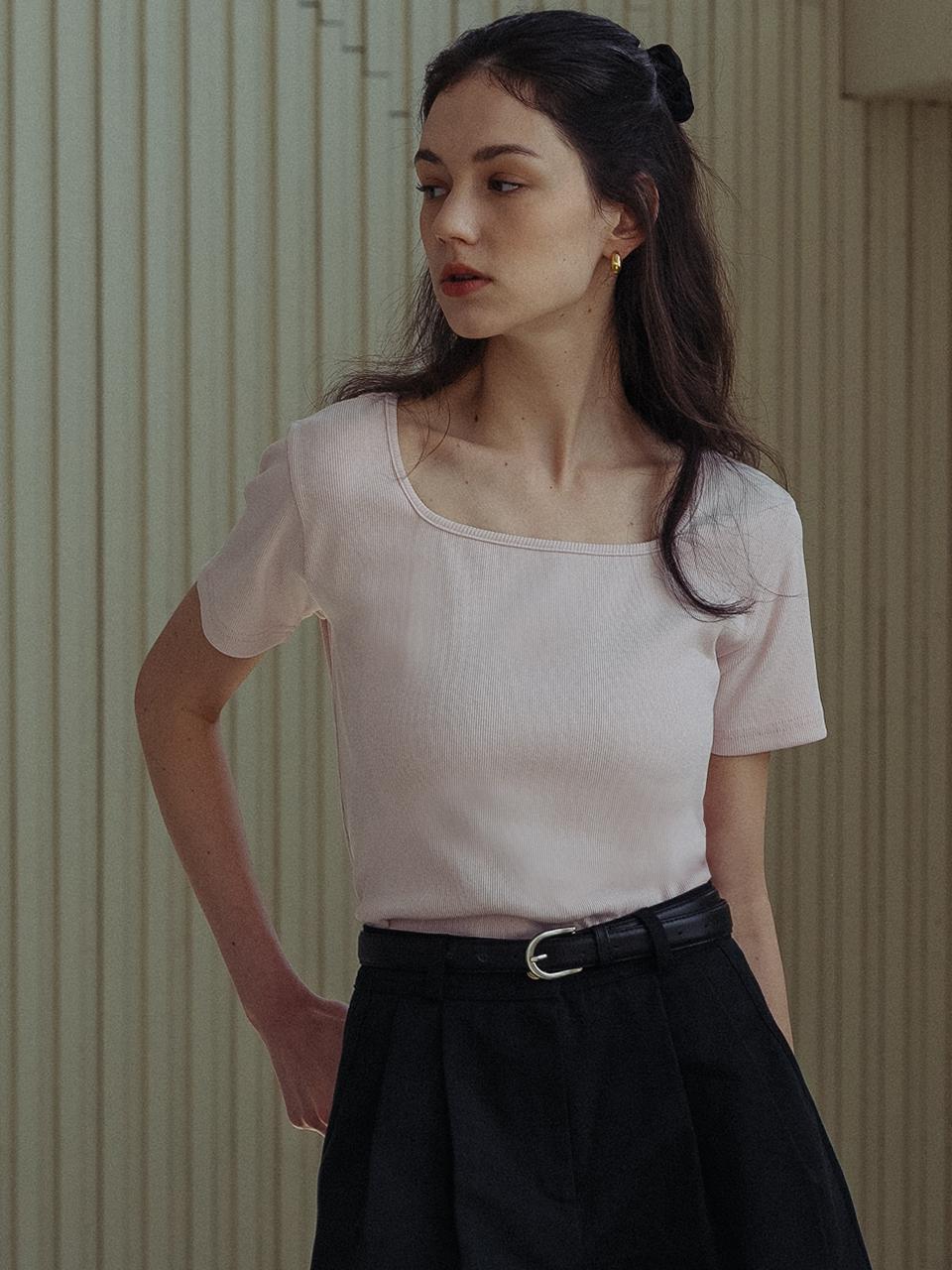 Square ribbed cotton T-shirt_Pink