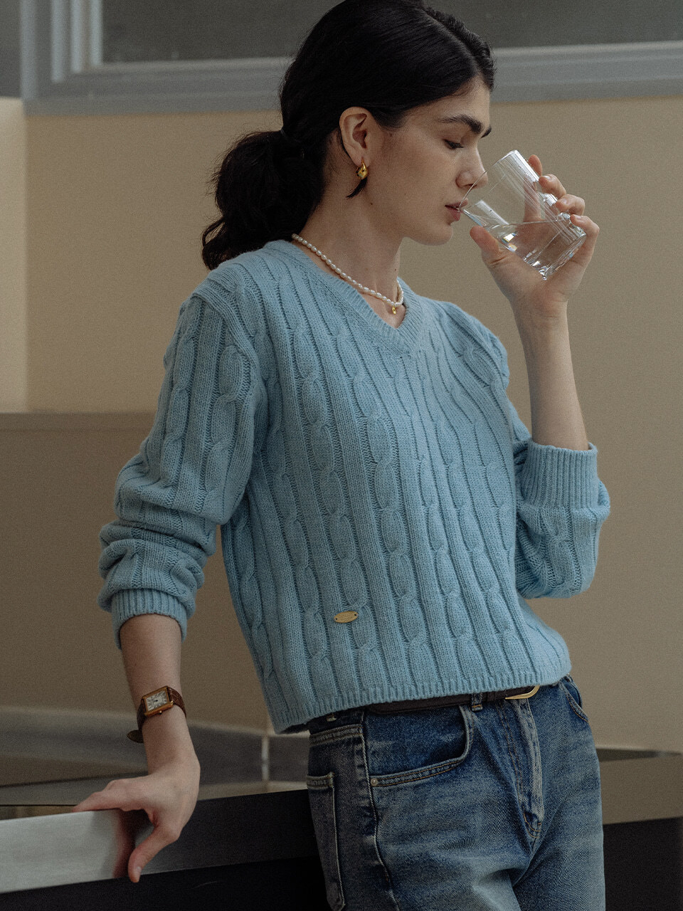 Cashmere blended cable knit_Sky blue