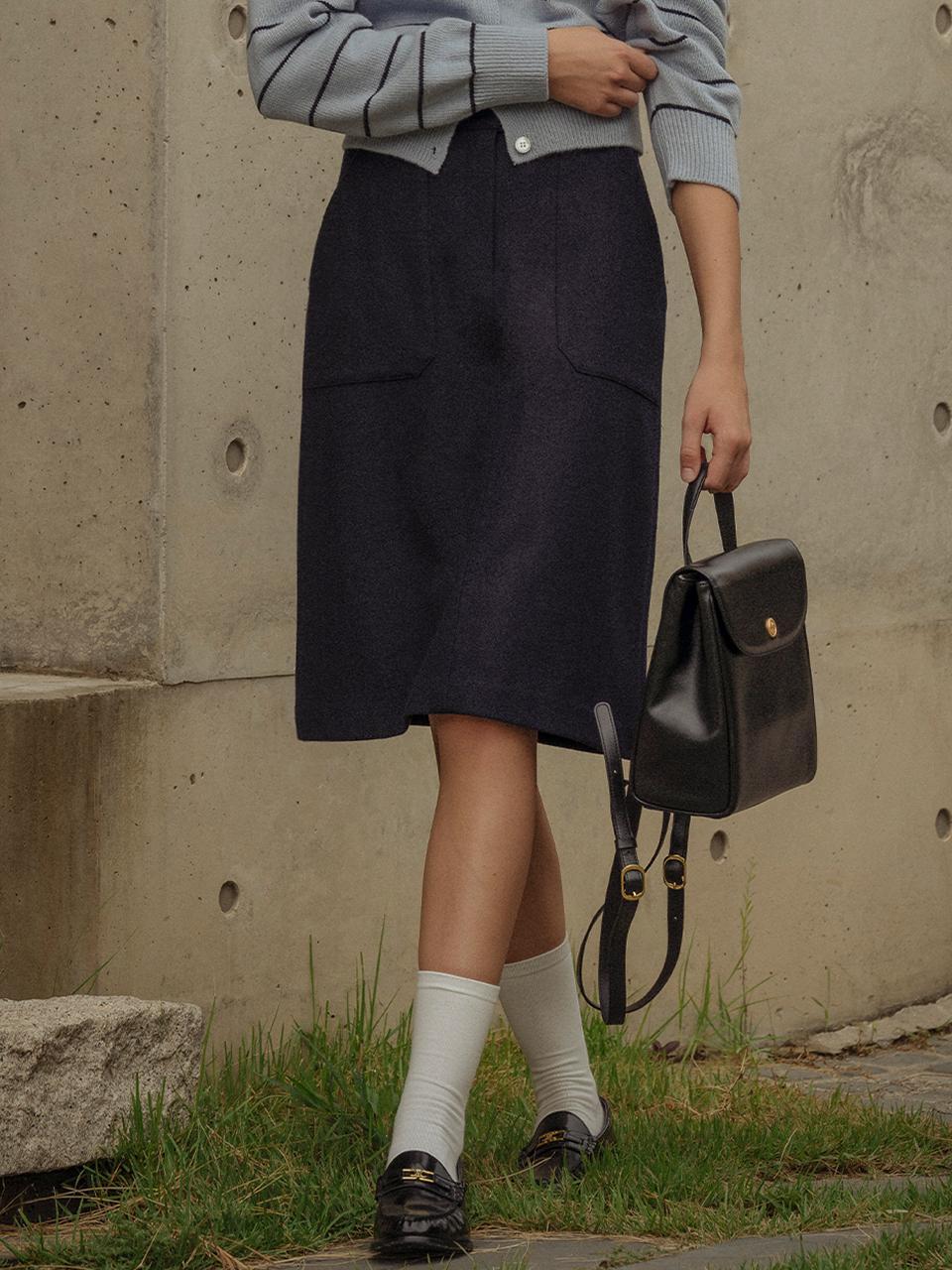 Olga side pocket wool skirt_Navy