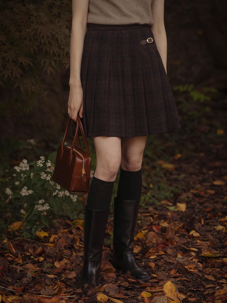 Leather bizo point pleats wool skirt_Brown