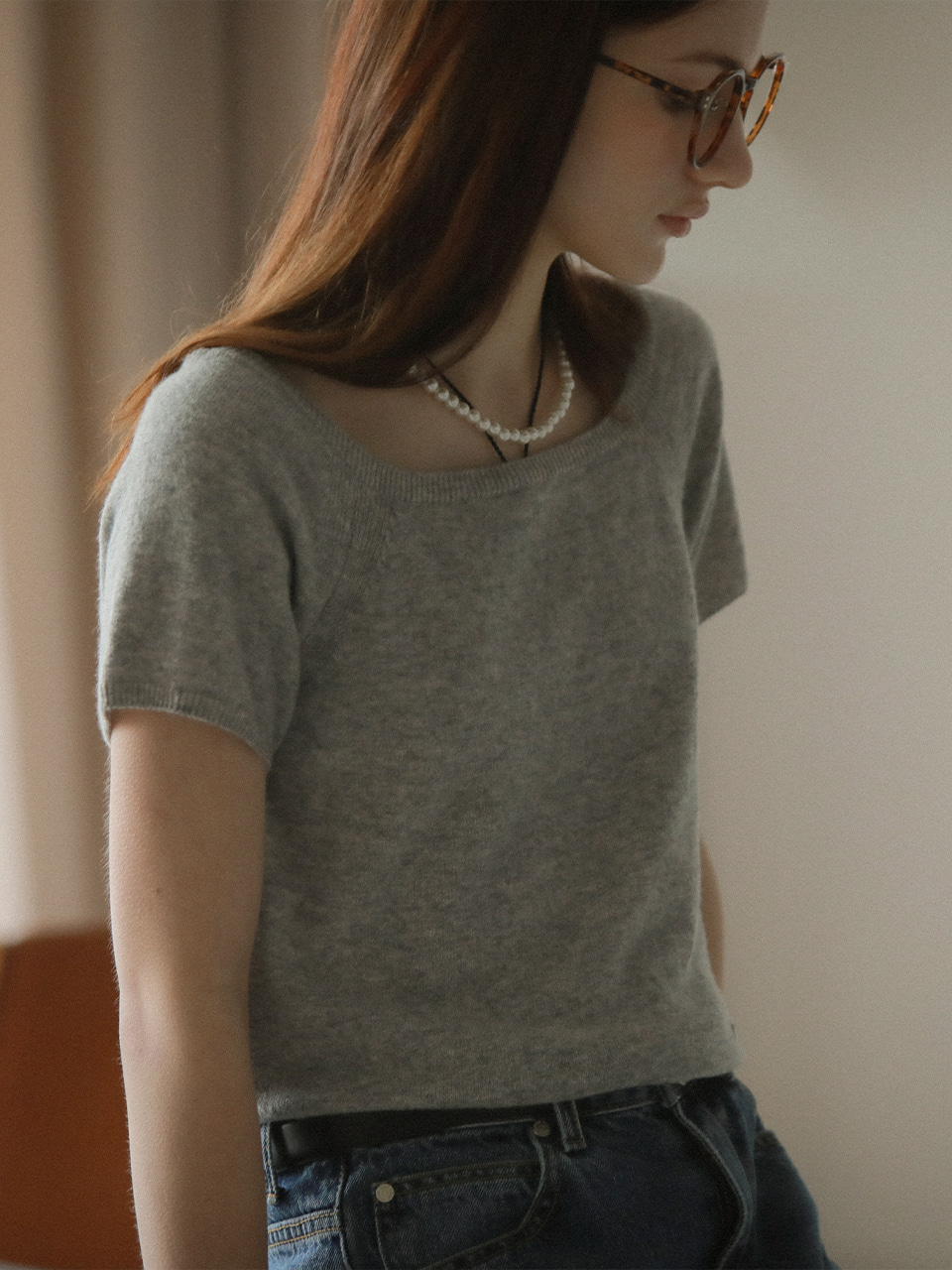 Square neck short sleeve crop knit_Gray