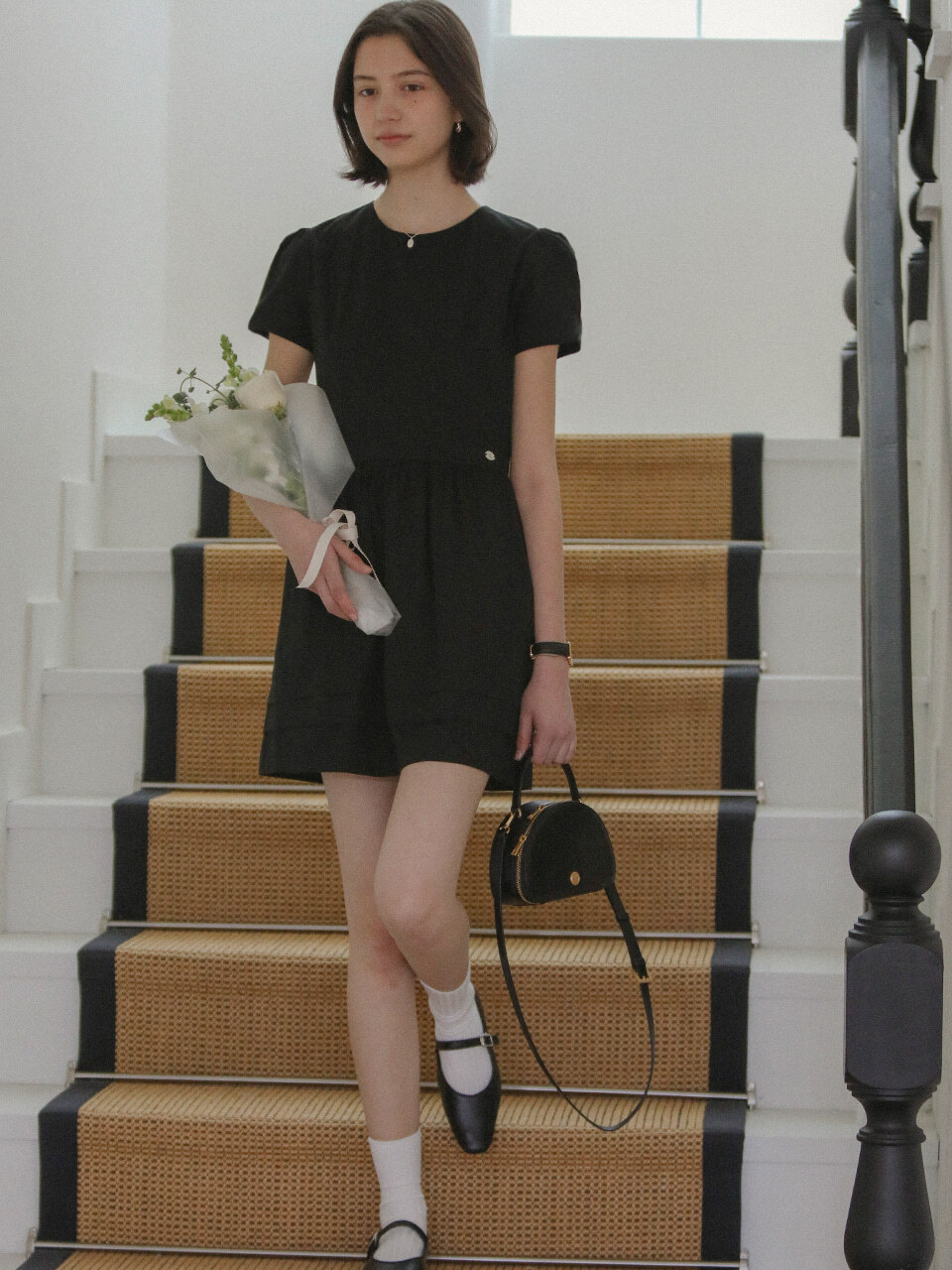 [S예약배송]Cotton gathered mini dress_Black
