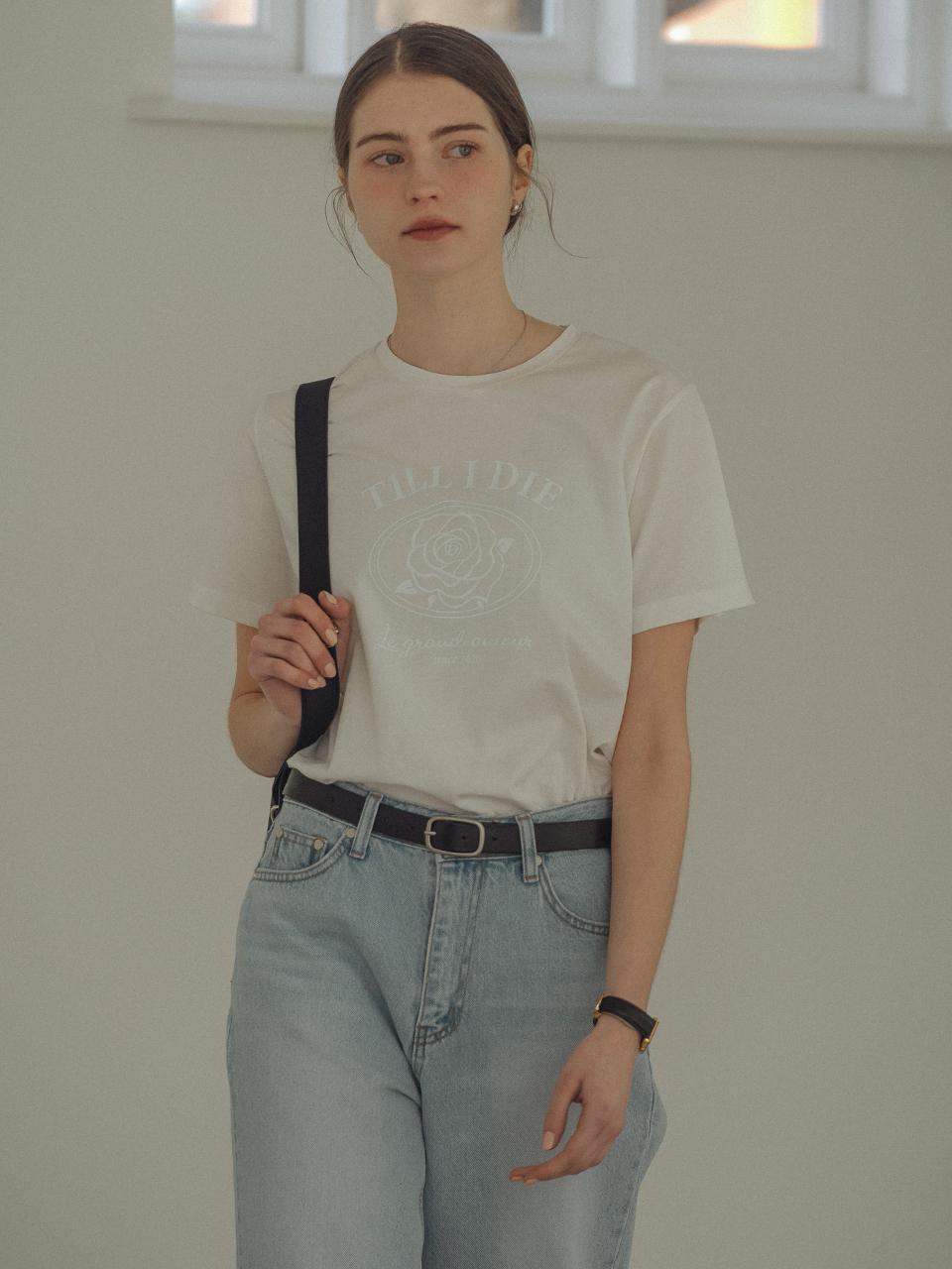 Rose print half sleeve tencel t-shirt_Ivory