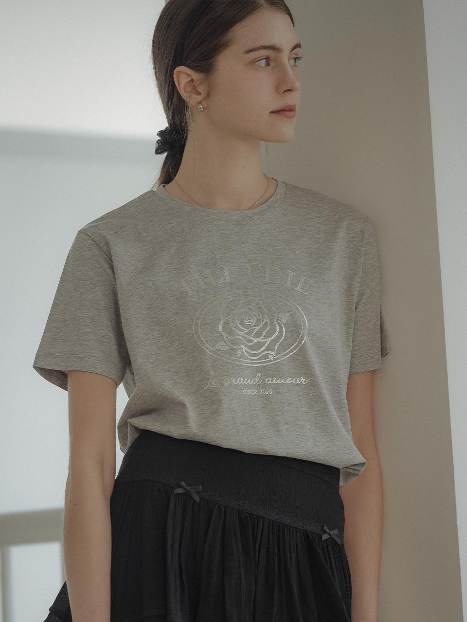 Rose print half sleeve tencel t-shirt_Gray